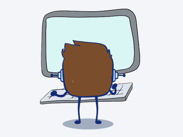 Rétor de espalda disfrazado de reportero tecleando en un ordenador