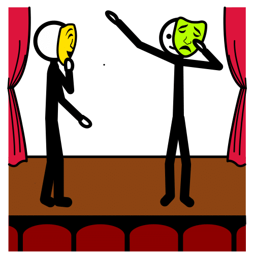 Dos monigotes con caretas en un escenario haciendo gestos
