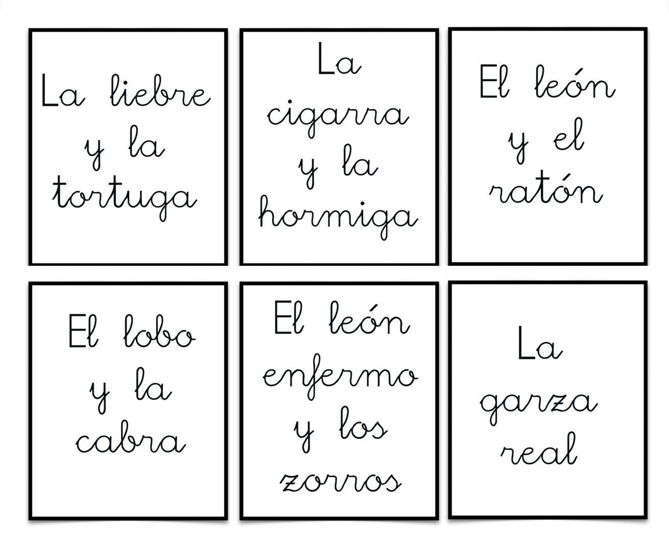 Cartas con los títulos de las siguientes fábulas: La liebre y la tortuga, La cigarra y la hormiga, El león y el ratón, El lobo y la cabra, El león enfermo y los zorros y La garza real.