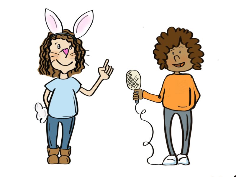 Dibujo de una persona disfrazada de conejo con orejas y cola y otra persona con un micrófono en la mano extendido hacia ella.