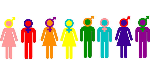 Dibujo de ocho siluetas de personas con distintos colores que son tanto de género masculino como femenino. 