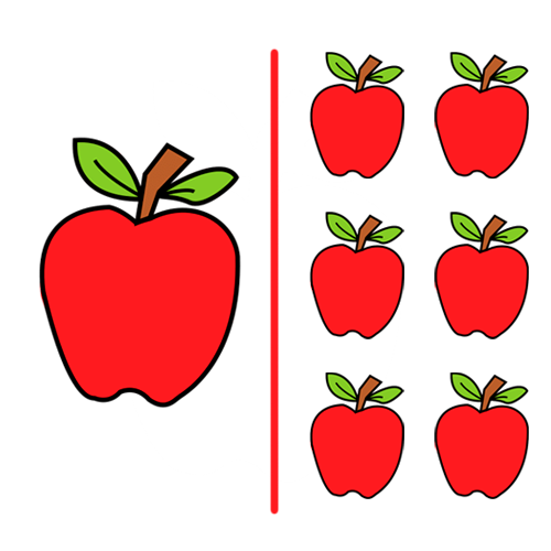 Dibujo de una manzana sola, que se diferencia de varias manzanas