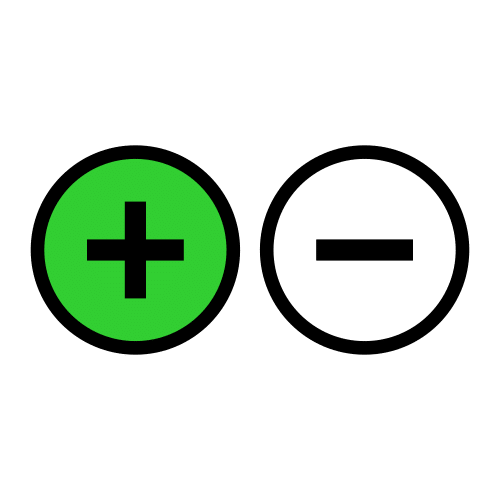 Dibujo de dos círculos, uno de ellos con el signo de más en color verde y otro con el de menos, en color blanco. 
