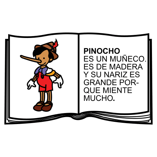 Dibujo de un libro de cuentos con el personaje de Pinocho y un texto breve.