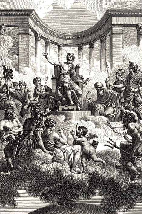 Representación de los dioses olímpicos alrededor de Zeus