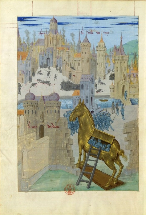 Miniatura medieval de una copia medieval de la Odisea que representa al caballo delante de las murallas de Troya