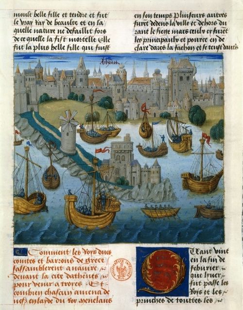 Miniatura medieval de una copia medieval de la Ilíada con una representación de la armada aquea