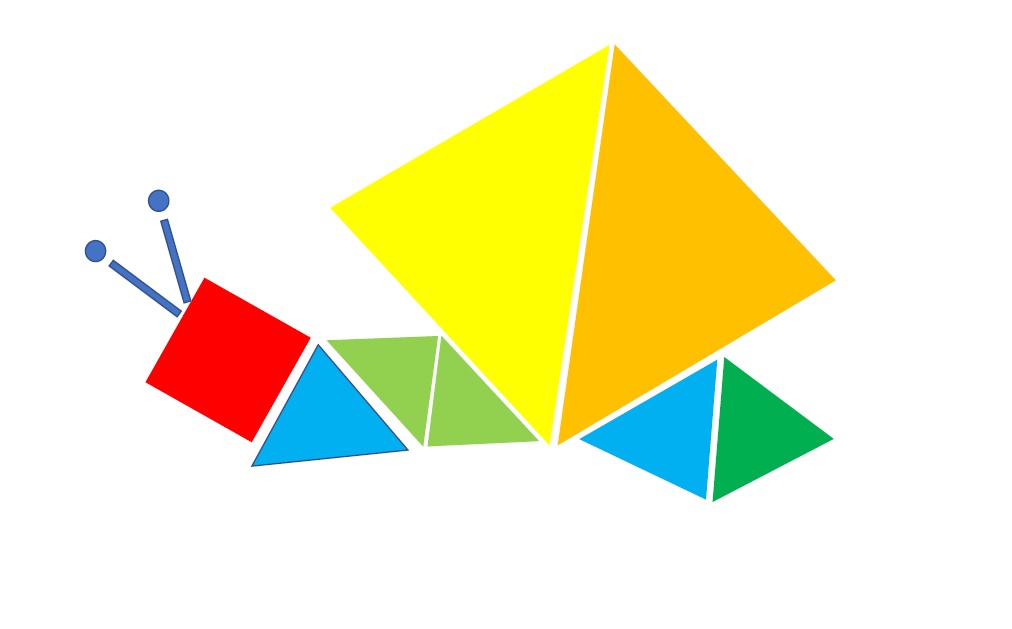La imagen muestra un caracol dibujado con figuras geométricas de color amarillo verde y azul
