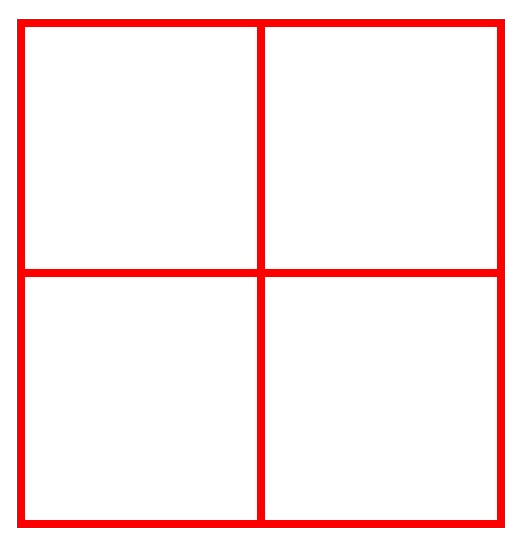 La imagen muestra cinco cuadrados de color rojo