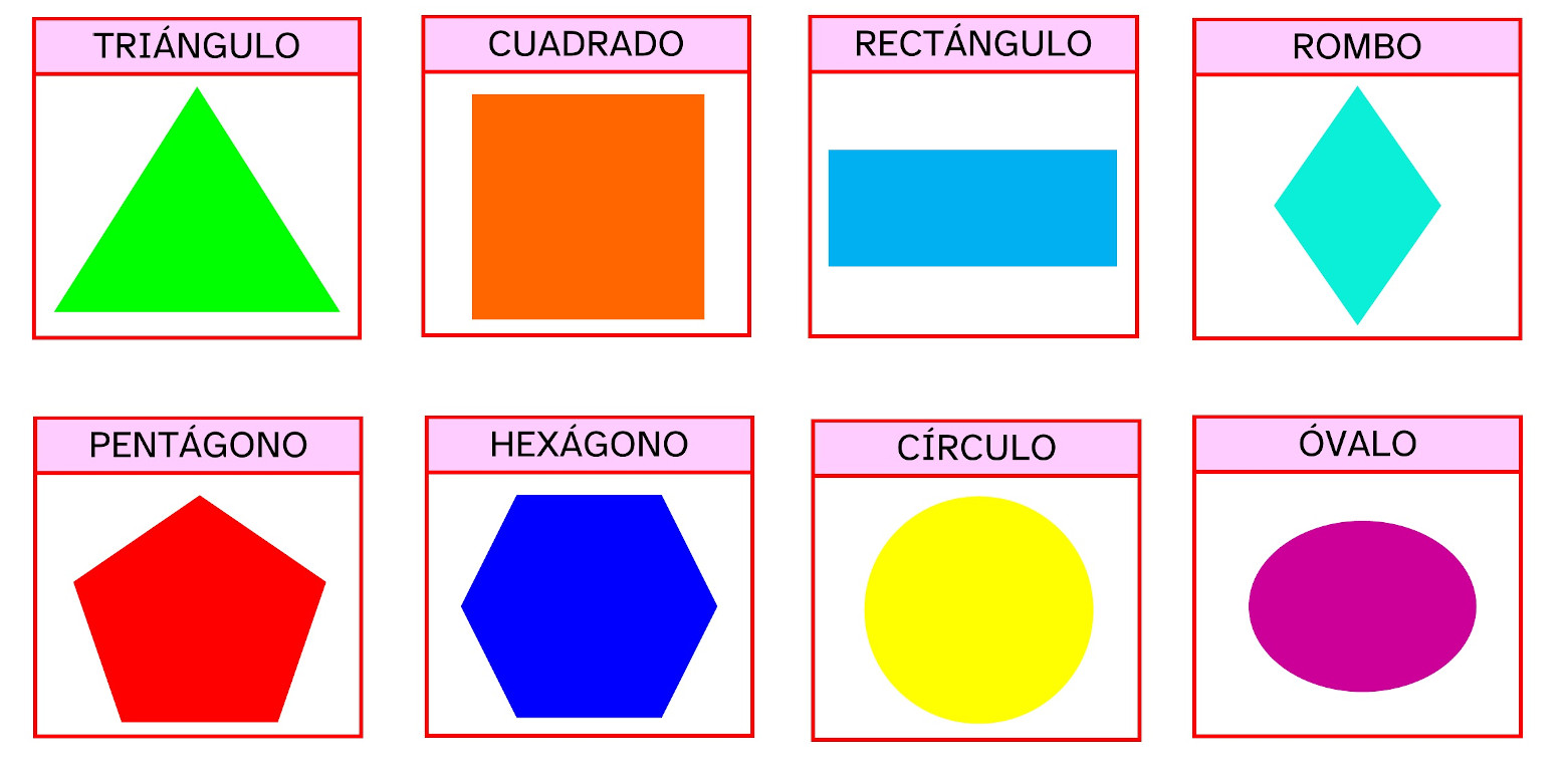 La imagen muestra las figuras geométricas triángulo, cuadrado, rectángulo, rombo, pentágono, hexágono, círculo y óvalo
