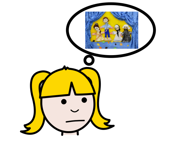 La imagen muestra una niña pensando en un teatro de marionetas