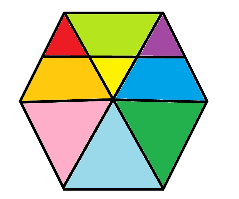 La imagen muestra un puzzle de forma hexagonal con piezas de diferentes colores