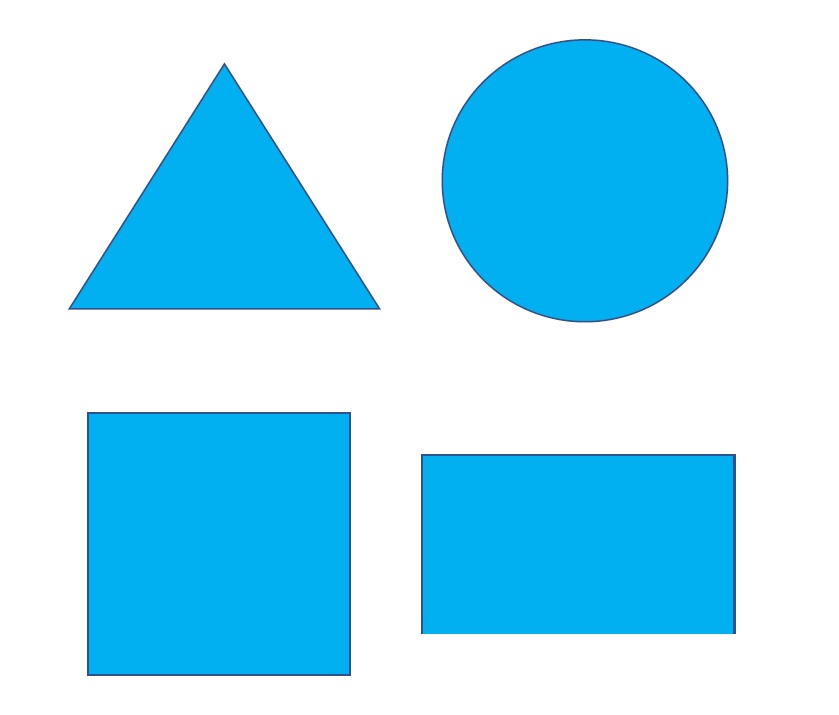 La imagen muestra un triángulo, cuadrado, círculo y rectángulo de color azul