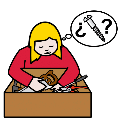 La imagen muestra un dibujo de una niña buscando en un cajón de herramientas y con un globo o bocadillo en que aparece dibujado un tornillo entre signos de interrogación