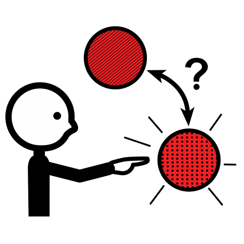 La imagen muestra dos círculos rojos con una flecha que los señala a los dos y un signo de interrogación. Muestra también el dibujo de una persona señalando uno de los círculos