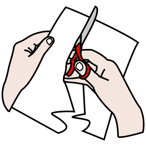 La imagen muestra unas manos con unas tijeras recortando una hoja de papel