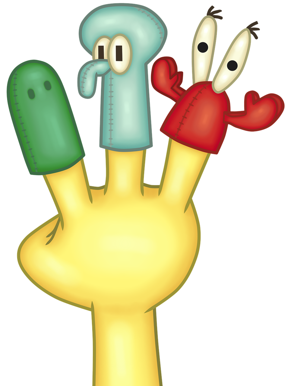 La imagen muestra una ilustración mano amarilla con tres títeres de dedo. el primero, verde con ojos. El segundo, azul, con ojos grandes y nariz grande. el tercero, rojo con ojos y forma de cangrejo