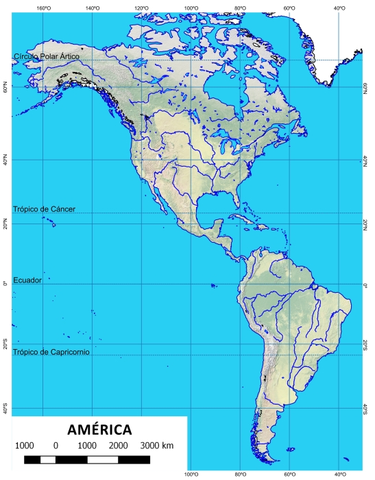 Mapa físico mudo de América