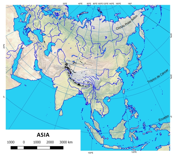 Mapa físico mudo de Asia