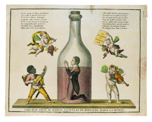 Caricatura de José I rezando dentro de una botella