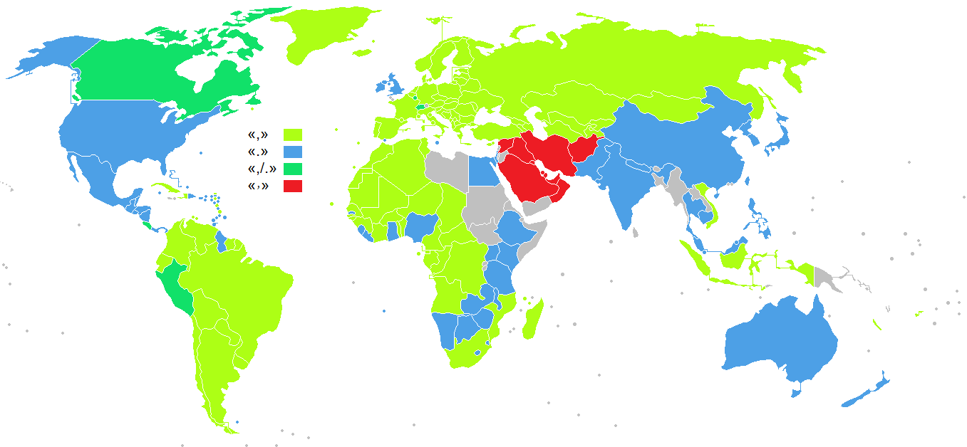 La imagen muestra los distintos paises del mundo  donde se destaca en cada color según utilicen el punto o la coma decimal