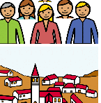 La imagen muestra un conjunto de personas en la parte izquierda y la imagen de un pueblo con casas de diferentes tamaños en la parte derecha.