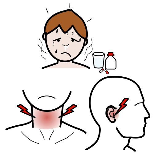 La imagen muestra en la parte superior un hombre afligido con síntomas de fiebre, en la parte inferior aparecen señalizados de color rojo la zona de la garganta y el oído.