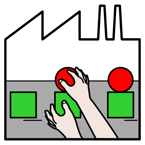La imagen muestra dos manos que están colocando círculos rojos encima de cuadrados de color verde 