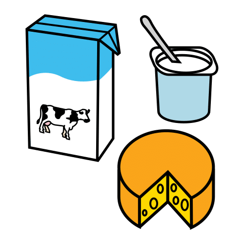 La imagen muestra un cartón de leche, un yogurth y un queso. 
