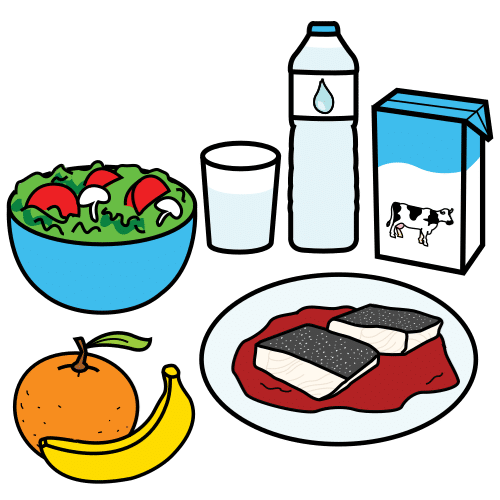 La imagen muestra: una ensalada, una botella de agua, un cartón de leche, un plato con dos porciones de pescado, un plátano y una naranja.