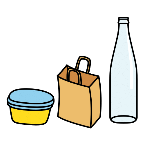 La imagen muestra un pequeño recipiente con la tapadera azul, una bolsa de cartón y una botella.