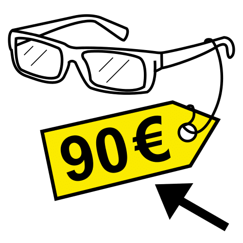 La imagen muestra unas gafas con una etiqueta en la que se observa que su precio es 90 euros.