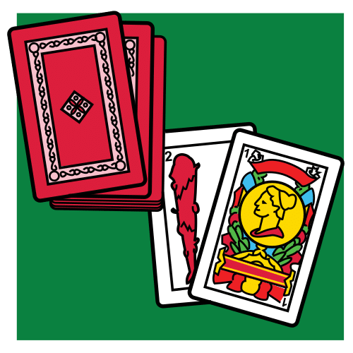La imagen muestra una baraja de cartas boca abajo y dos cartas boca arriba