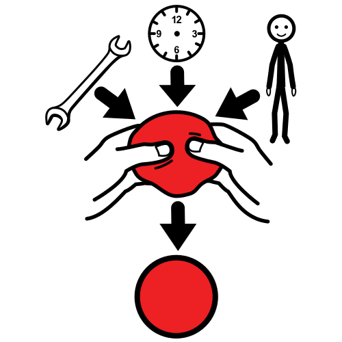 La imagen muestra una llave inglesa, un reloj y una persona indicando un objeto concreto