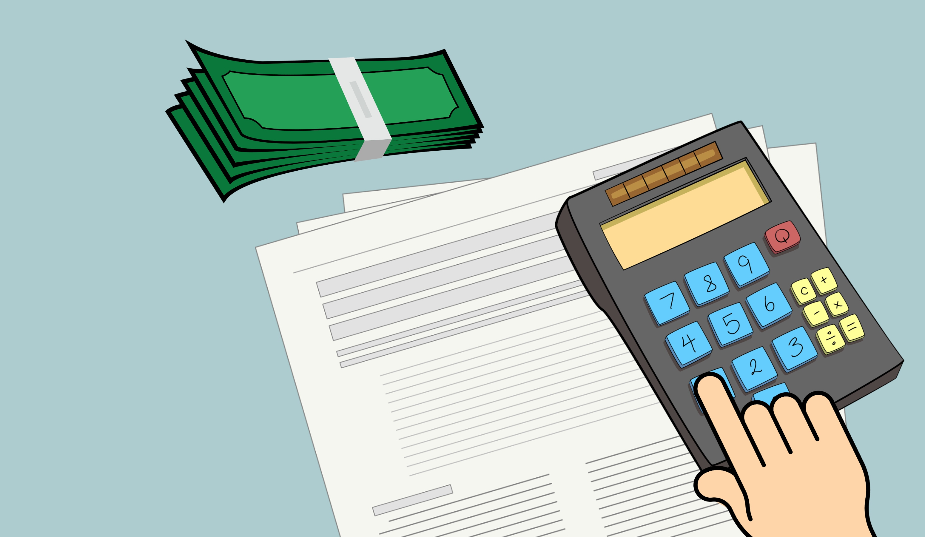 La imagen muestra una calculadora, dinero y una hoja de papel para realizar un presupuesto