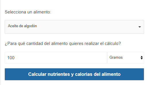 La imagen muestra una calculadora para calcular los nutrientes de un alimento