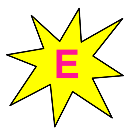 La imagen muestra una estrella de color amarillo con la letra E en su interior de color rosa y al lado una imagen con una manzana, una barra de pan y un muslo de pollo. 