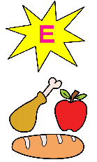 La imagen muestra una estrella de color amarillo con la letra E en su interior de color rosa y al lado una imagen con una manzana, una barra de pan y un muslo de pollo. 