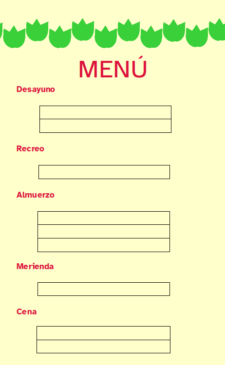 la imagen muestra una hoja para completar los datos de un menú