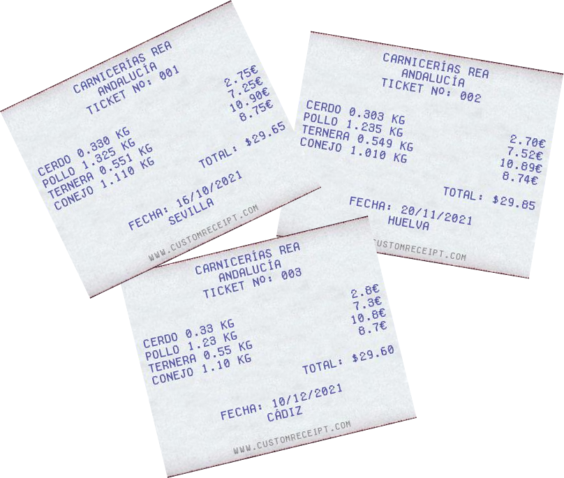  Imagen con tres tickets de compra. Ticket 1: Compra realizada en Sevilla el 16/10/21: 0.330kg de cerdo por 2.75€, 1.325 kg de pollo por 7.25€, 0'551 kg de ternera por 10.90€ siendo el total de  y 1.110kg de conejo por 8.75€ suponiendo un total de 29.65€. Ticket 2: Compra realizada en Sevilla el 20/11/21: 0.303kg de cerdo por 2.70€, 1.235 kg de pollo por 7.52€, 0'549 kg de ternera por 10.89€ siendo el total de  y 1.010kg de conejo por 8.74€ suponiendo un total de 29.85€. Ticket 1: Compra realizada en Sevilla el 10/12/21: 0.33kg de cerdo por 2.8€, 1.23 kg de pollo por 7.3€, 0'55 kg de ternera por 10.8€ siendo el total de  y 1.10kg de conejo por 8.7€ suponiendo un total de 29.6€.