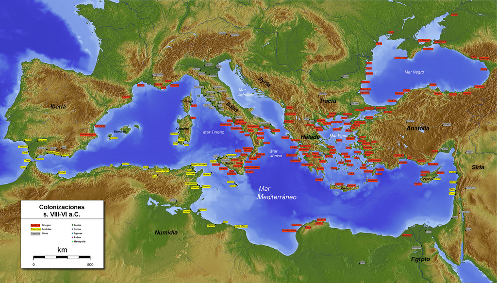 Mapa del Mediterráneo con las colonias griegas