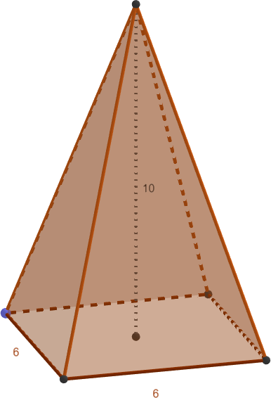 Pirámide cuadrangular de lado 6 centímetros y altura 10 centímetros