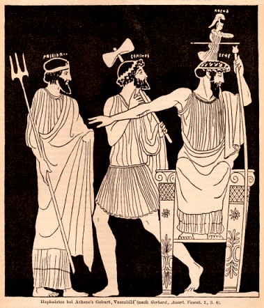 Apolo con la lira, Zeus con el rayo y Hera ofreciendo una flor