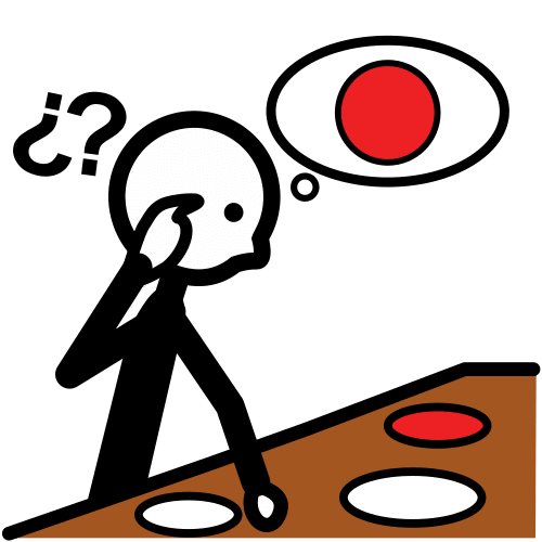 Imagen con una persona que está pensando en un círculo rojo, con un signo de interrogación sobre su cabeza. Delante tiene tres círculos, dos de ellos blancos y uno rojo.