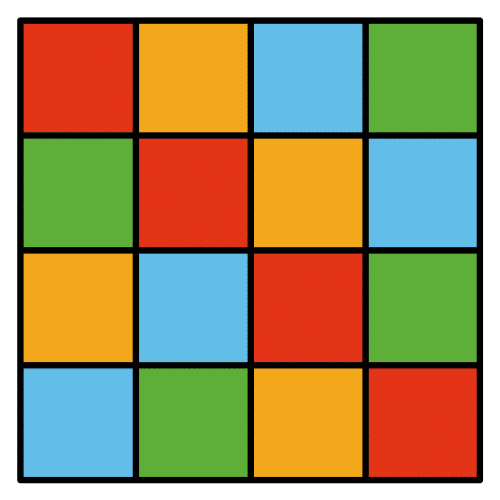 Cuadrícula de 4x4 con cuadrados de diferentes colores.  