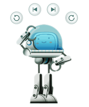 Imagen de Rétor, en un traje de robot con piernas y brazos mecánicas, rascándose la cabeza con icónos encima que señalan adelante, atrás, volver atrás y volver hacia adelante