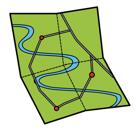  Imagen de un mapa con un río y varios puntos de interés.