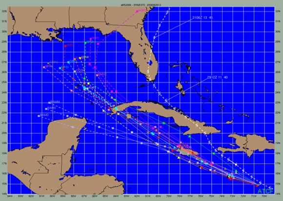 Trayectorias del huracán Ernesto