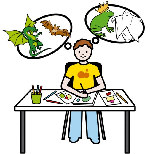 En la imagen aparece un niño dibujando en una mesa. El niño está pensando en dragones, murciélagos, príncipes ranas y fantasmas