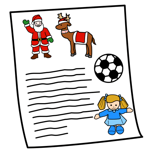 Una imagen en la que aparece una carta con varios dibujos. Los dibujos son de Papa Noel, un reno, una pelota y una muñeca